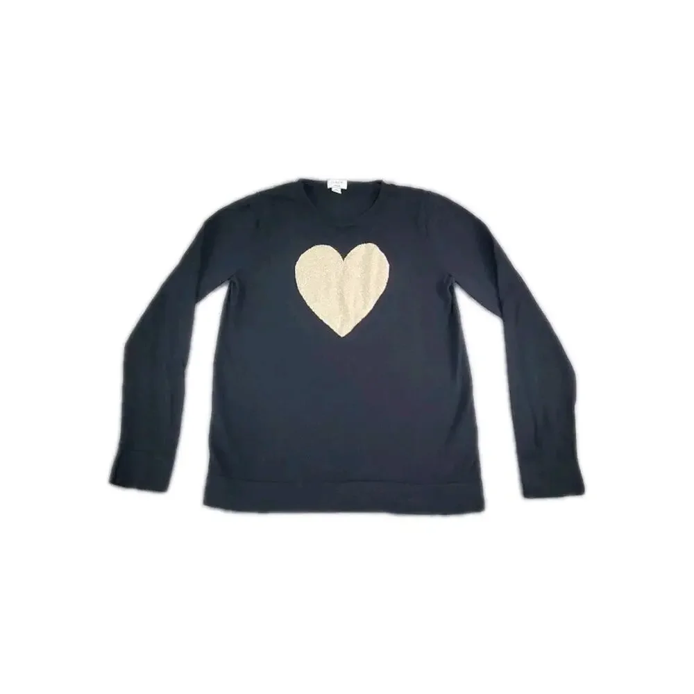 J.Crew Teddie Sweater Womens Sz M Black Heart Crewneck Cotton Knit C30-87